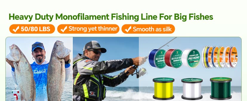 Pro Monofilament Fishing Line with Knot Instruction Cards for Multi Purpose Cost Effective, Strong Yet Thin Nylon String for Big Fishes, Tangle-Free & UV Resistant, 15/20/30/50/80LB