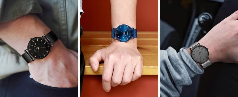 BUREI Men Watches Brown Leather Fashion Minimalist Wrist Watch Simple Ultra Thin Waterproof Quartz Watches All Black Stainless Steel Mesh Band,Gift for Men Women