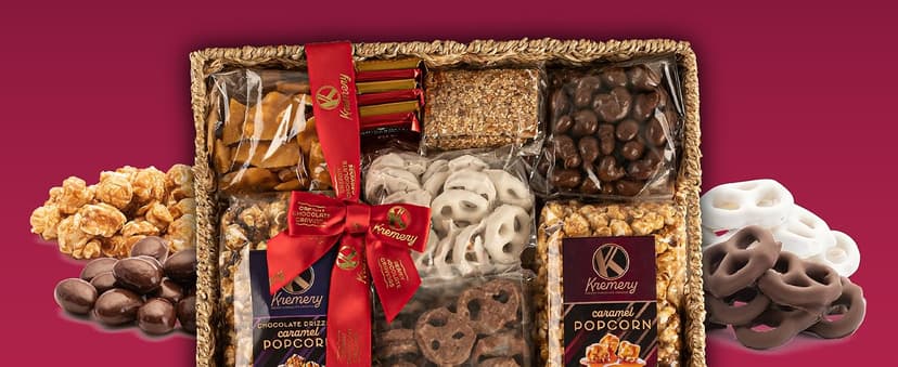 KREMERY Creamy Chocolate Cravings - Holiday Christmas Chocolate Covered Pretzels & Caramel Popcorn Gift Basket, in Seagrass Tray + Ribbon (Deluxe, 3.5 lbs) Xmas Treats Food Arrangement, Kosher