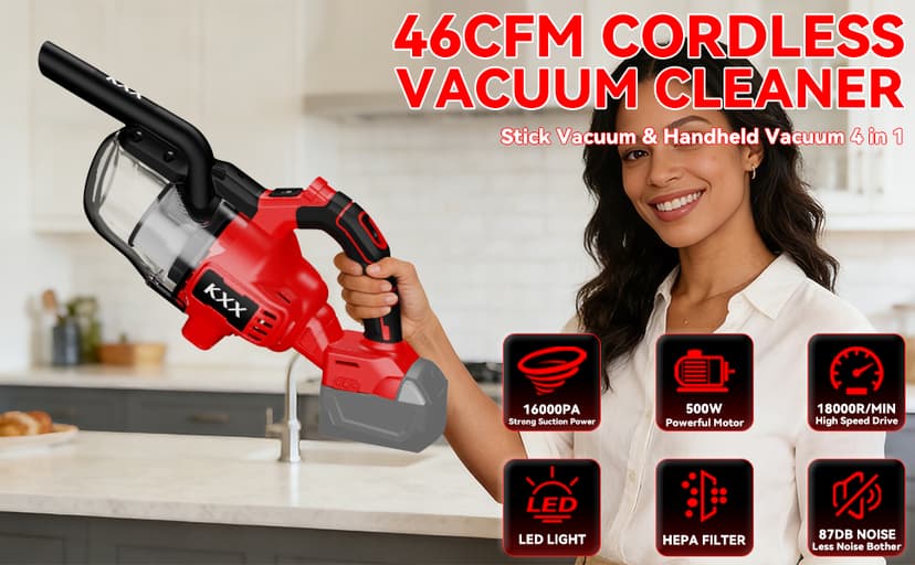 KXX Cordless Vacuum for Milwaukee M18 Battery, 5 in 1 Handheld Electric Vacuum Cleaner with 500W Powerful Motor, 46 CFM Portable Hand Vacuum with Filtration HEPA for Floor, Carpet, Car (Tool Only)