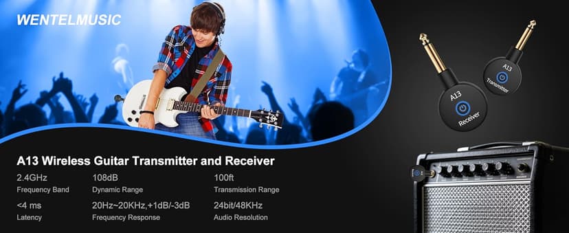 A13 Wireless Guitar Transmitters Receivers, Wireless Guitar/Bass/Keyboard System, 2.4GHz Guitar Accessories, No Latency, 100ft Range, Rechargeable 5-Hour Battery, Plug & Play (2TX+1RX)