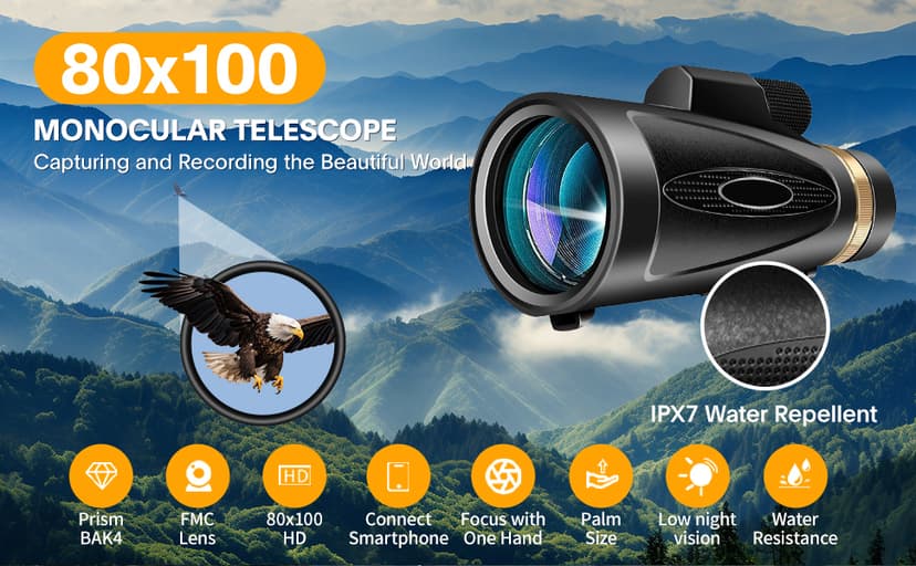 Monocular Telescope 80x100 HD Monoculars for Adults with Tripod & Phone Adapter, Monoculars for Bird Watching Stargazing Camping Hiking Hunting Wildlife Travel-Black