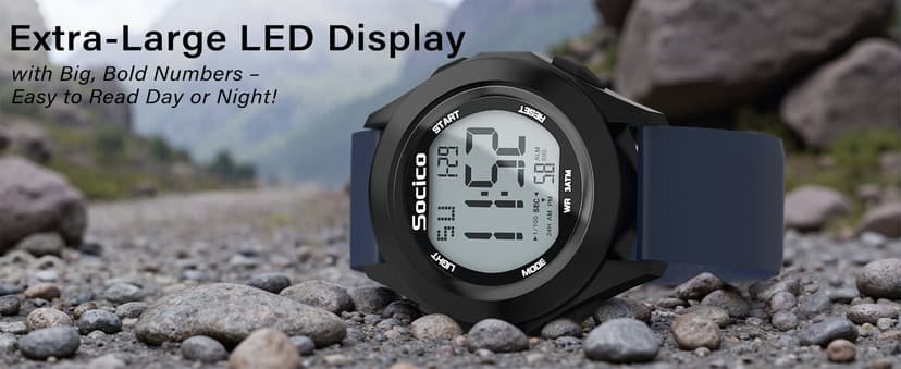 SOCICO Mens Digital Watch Sports Waterproof Outdoor Large Face Military Watches with Stopwatch Back Light Alarm Date Display