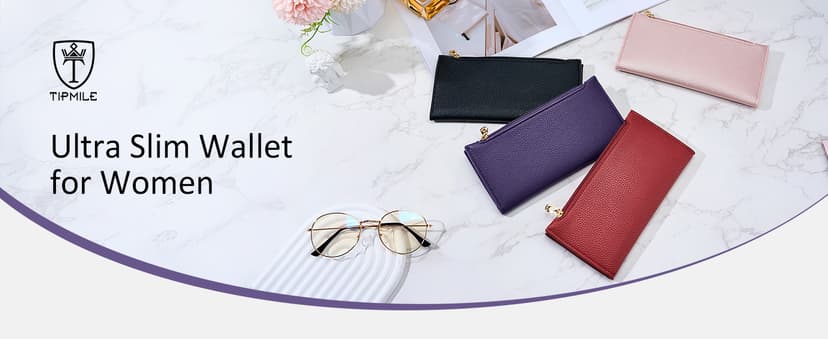 Tipmile Slim Wallet for Women, RFID Blocking Credit Card Holder, Ladies Bifold Wallet with Zipper, Black