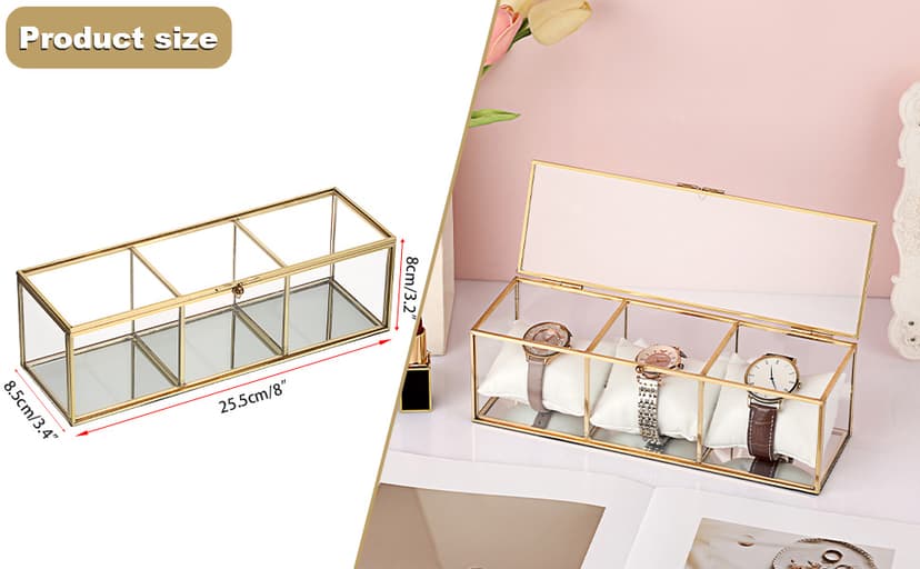 JUXYES JUXYES Clear Glass Watch Display Case with 3 Slots, Luxury Brass Glass Watch Organizer Holder Stand with White Watch Pillow, Modern Transparent Watch Collection Box for Men and Women, Gold