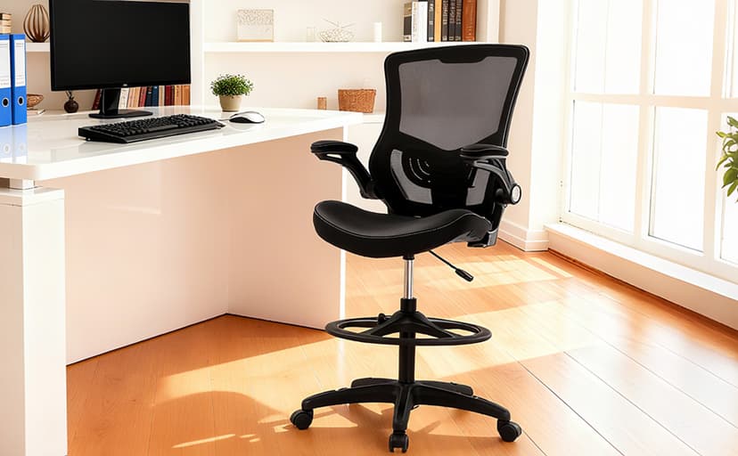 BestOffice Drafting Chair Ergonomic Tall Office Chair Standing Desk Chair with Flip Up Arms Foot Rest Back Support Adjustable Height Mesh Drafting Stool, Dark Black