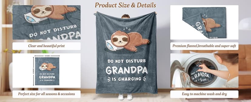 Funny Grandpa Gifts, Grandpa is Charging Sloth Blanket, Grandpas Birthday Gifts, Gift for Grandpas from Grandkids for Christmas Fathers Day, Soft Sloth Blanket for Grandfather 60" x 50"