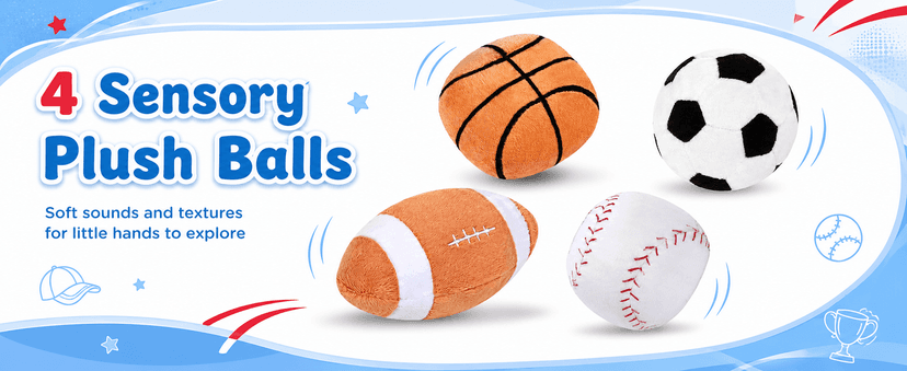 KMUYSL Baby Toys 0-12 Months, My First Sports Bag Plush Toy - 4 Sensory Balls Soft Toys with Crinkle, Rattles for 0-3-6-9-12 Month Newborn Infant, 1st Birthday for Babies Boys Girls Age 1