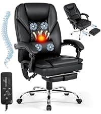 Massage Office Chair with Heat - 6 Points Vibration 400LBS Leather Reclining Office Chair with Lumbar Pillow, Adjust Headrest and Armrest, Executive Desk Chair for Home Office, Beige