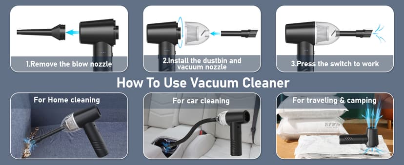 Compressed Air Duster Electric Computer Vacuum Cleaner for Keyboard Duster Cleaning Dust Vacuum Cordless Canned Air 11000PA Mini Car Vacuum PC Air Blower for Office Home (Dustbin-Gray)