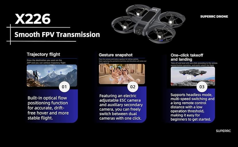 FPV Drone with Camera and VR Glasses, Brushless Motor Optical Flow Cool LED Lights Drones Dual Camera Switch RC Quadcopter 2 Batteries VR Drones for Beginners Adults X226 Drone