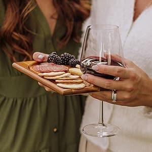PICNIC TIME Wine Appetizer Plates, Set of 4 Wooden Cocktail Plates with Glass Holder, Mini Charcuterie Boards for Wine and Cheese Parties, Acacia Cheese Board Serving Trays (Oval - Acacia Wood)