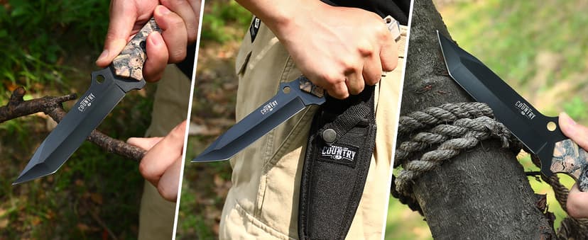 Mossy Oak Fixed Blade Hunting Knife Set - 2 Piece, Full Tang Handle Straight Edge and Gut Hook Blades Game Processing Knife, Sheath Included - Yellow Camo