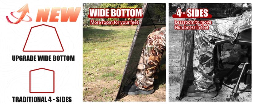 Wide Bottom Hunting Blind 1-3 Person with Portable Chair, 270 Degree See Through Pop up Ground Blinds for Deer Turkey Duck Hunting, Bow Hunting Adjust Windows with Silent Zipper
