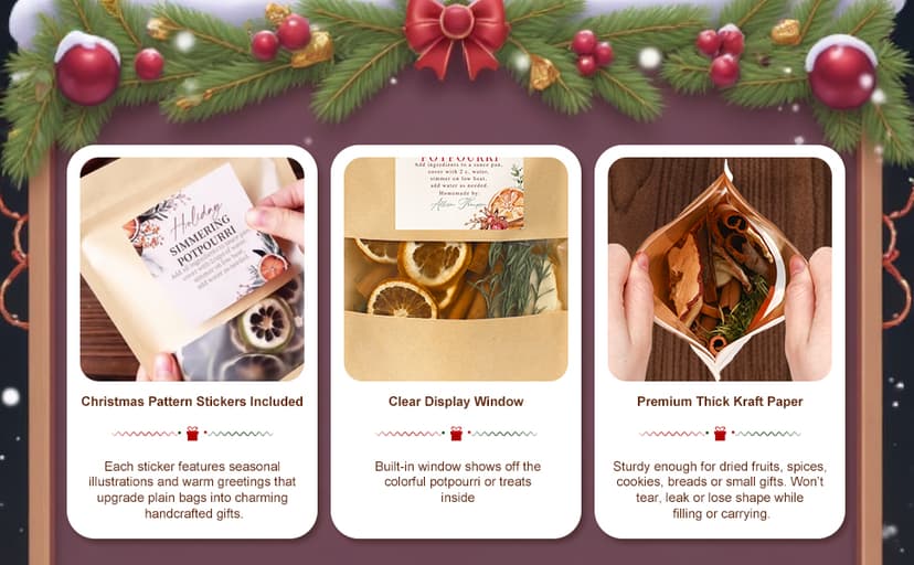 Stand up Simmer Pot Potpourri Pouches Instruction Sticker Clear Window Craft Fragrance for Party Holiday DIY Simmering Gift 100 Pcs 50 Set Christmas Potpourri Bags Simmer Pot Kraft Paper Bag B0FGJWV8BJ