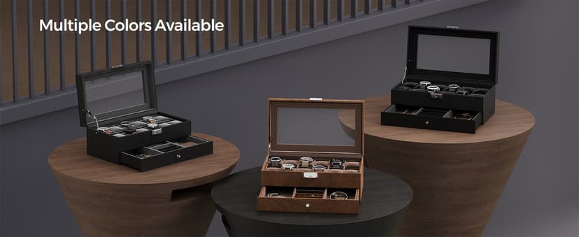 SONGMICS Watch Box, 12-Slot Watch Case Organizer with Large Glass Lid, 2 Layers, Removable Pillows, Metal Lock, Gift for Loved Ones, Black Synthetic Leather, Black Lining UJWB012B03