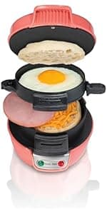 Hamilton Beach Breakfast Sandwich Maker with Egg Cooker Ring, Customize Ingredients, Perfect for English Muffins, Croissants, Mini Waffles, Perfect White Elephant Gifts, Red (25476)
