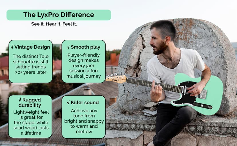 LyxPro 39” Electric Guitar Left Hand TL Series, Full-Size Paulownia Wood Body, 3-Ply Pickguard, C-Shape Neck, Ashtray Bridge, Quality Gear Tuners, 3-Way Switch & Volume/Tone Controls, 2 Picks, Green