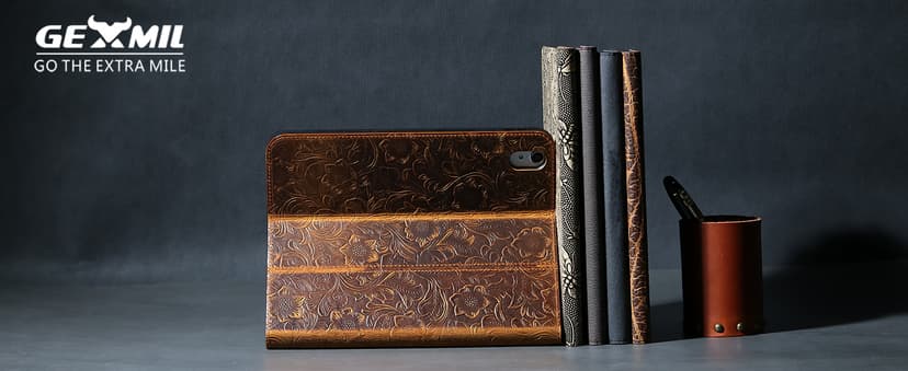 Gexmil Genuine Leather Case for iPad Pro 11 Inch (M5/M4) 2025/2024 with Pencil Holder,Protective Shockproof Leather Smart Folio Cover Adjustable Stand Auto Sleep/Wake Anti-Slip, Flower Brown