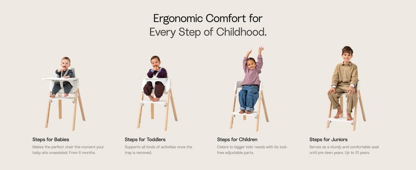 Stokke Steps High Chair for Babies & Children from 6 Months to 10 Years – 2-in-1 Adjustable & Ergonomic Design – Removable Baby Set, Tray & Safety Harness – 18.9 x 24.4 x 34.7 – White/Natural