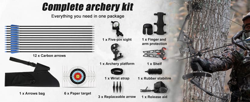 Compound Bow Kit Adjustable for Outdoor Use & Target Practice, 30-70lbs Archery Set with Carbon Arrows and Accessories
