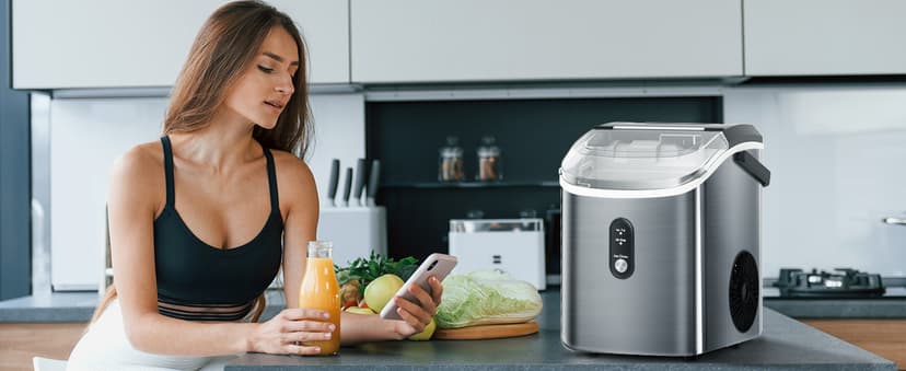 Antarctic Star Nugget Ice Maker Countertop with Soft Chewable Ice, Portable Sonic Ice Maker with Basket and Scoop, Removable Top Cover, Auto-Cleaning for Home/Party/RV/Camping (Stainless Steel Silver)
