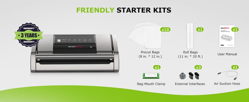 Bonsenkitchen Vacuum Sealer for Food, Easy-Lock Handle Vacuum Sealer Machine with Bag Clip, Built-in Cutter and Bag Storage for Sous Vide and Meal Prep, 1 Roll Bag & 10 Pre-Cut Bags, Silver