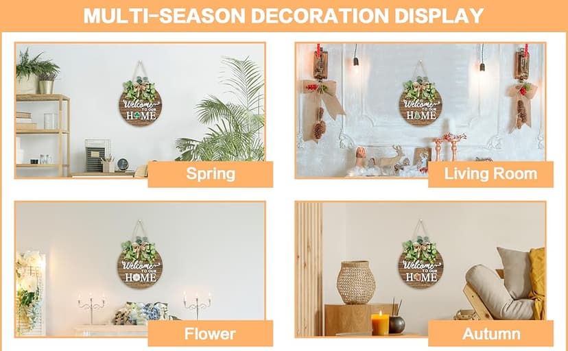 Interchangeable Seasonal Welcome Sign Front Door Decoration, Rustic Round Wood Wreaths Wall Hanging Outdoor, Farmhouse, Porch, for Spring Summer Fall All Seasons Holiday Halloween Christmas.