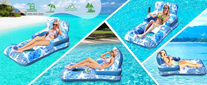 Pool Floats Adult, Pool Floaties with Cup Holder and Phone Holder, Pool Lounger Float with Headrest, Backrest and Footrest, 65" Thicken PVC Inflatable Pool Float for Adult Pool Party Beach Cool