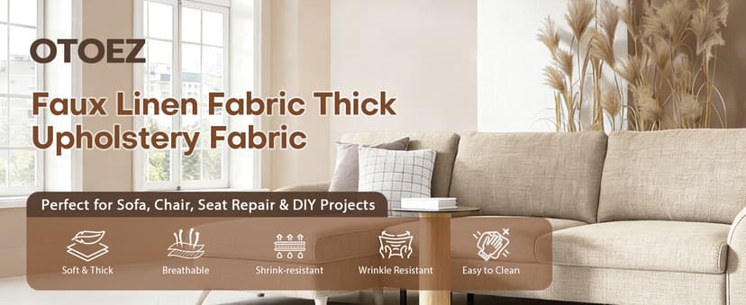 OTOEZ Faux Linen Fabric by The Yard, 58" W 1mm Thicken Upholstery Fabric Durable Faux Linen Type Cloth Upholstery Material for Sofa, Chair, Seat Repair & DIY Projects (Light Coffee, 1 Yard 58x36 Inch)