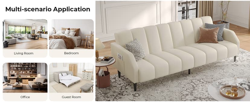 Fadware Faux Leather Couch, Convertible Futon Sofa Bed with Adjustable Backrest, Mid Century Leather Sofa Loveseat with Side Pockets& Metal Leg, Modern Leather Sleeper Sofa for Living Room Bedroom