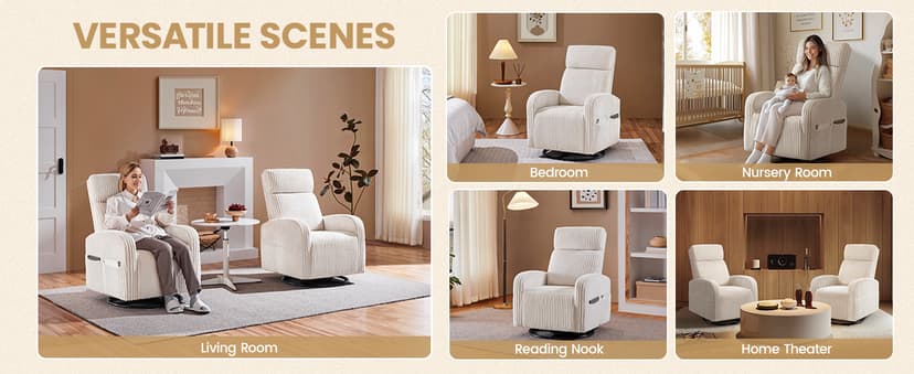 Yaheetech 360° Swivel Glider Chair for Nursery, Rocking Chair Nursing Chair with Side Pockets, Corduroy Glider for Living Room with High Back Beige