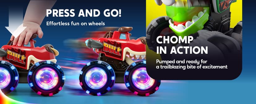 JOYIN 3 Pack Monster Truck Toy - Motion Activated Light Up Cars for Toddlers - Monster Glow Rover LED Wheels - Baby Boy Toys - Press and Go Dinosaur Trucks for Kids Boys Birthday Gifts for Christmas