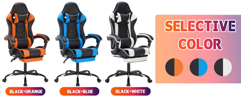 Gaming Desk Chair for Adults, Ergonomic Gaming Chair with Footrest & Headrest and Lumbar Support, Leather Material Height Adjustable Computer Video Game Chairs (Blue+White)