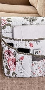 Non Slip Armchair Caddy for Sofa Recliner, Washable Remote Controls Holder, Storage for Magazine, Phone, iPad Brilliant Sunshine Pink Rose & Grey Toile Couch Armrest Organizer, 35"×13" B07X3Z4HYK