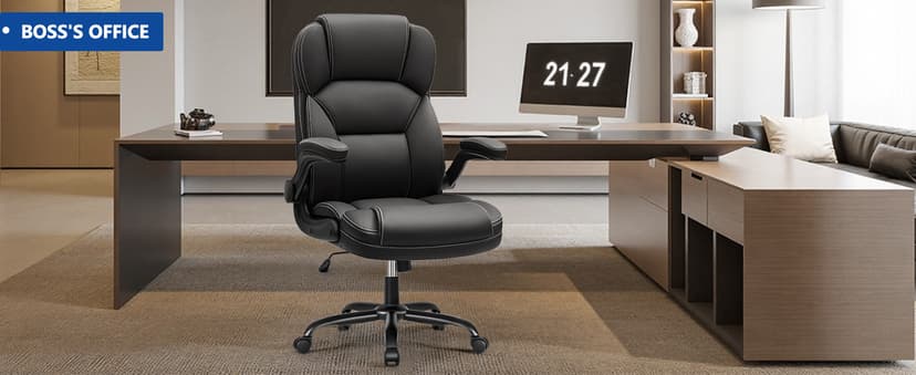 PU Leather Executive Office Chair, Ergonomic High-Back Computer & Gaming Chair with Adjustable Height, Rolling Swivel & Flip-Up Armrests, Comfy Padded Seat for Home Office-Black