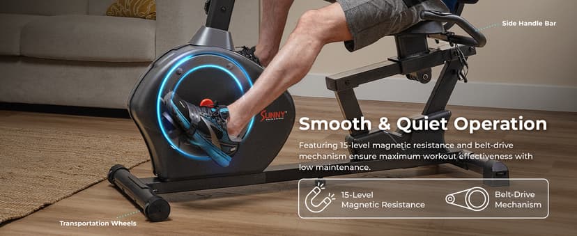 Sunny Health & Fitness Smart Heavy-Duty Recumbent Bike w/Wide Cushioned Seat & Back, Indoor Cycling Machine for Adult/Seniors Home Exercise, Free SunnyFit App Connect, Optional Workout Training Bands