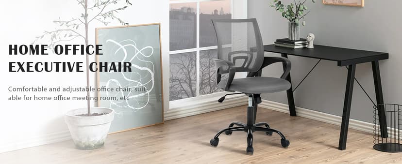 MKDLUFEI Office Chair, Ergonomic Cheap Desk Chair with Lumbar Support, Adjustable Mid Back Task Rolling Swivel for Home Office Student, Adults,Study, Grey