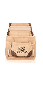 LAUTUS Oil Tanned Leather Tool Pouch Bag | Black | Carpenter, Construction, Framers, Handyman | 10 Pockets, 2 Hammer Holders | 100% Leather