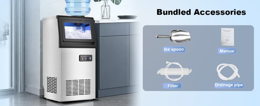 Nugget Ice Maker Machine Commercial, 80lbs/24h Undercounter Sonic Ice Machine with 20lbs Storage Bin & Dual Water Inlet, Chewable Pellet Ice for Restaurant Bar Home, Stainless Steel