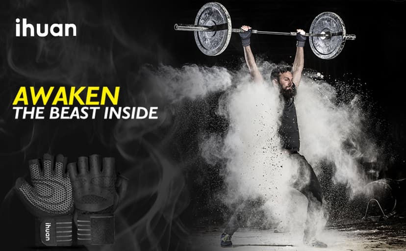 ihuan Ventilated Weight Lifting Gym Workout Gloves with Wrist Wrap Support for Men & Women, Full Palm Protection, for Weightlifting, Training, Fitness, Hanging, Pull ups