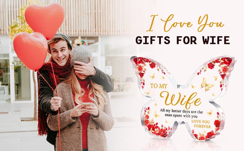 Romantic Wife Anniversary Birthday Gift Ideas, 5x3.8x0.5 Inch Butterfly Acrylic Plaque Decor, Mothers Day Valentines Christmas Wedding Present for Wife