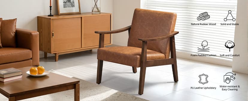 Yaheetech PU Leather Accent Chair, Mid-Century Modern Armchair with Solid Wood Legs, Reading Leisure Chair with High Back for Living Room Bedroom Waiting Room, Brown