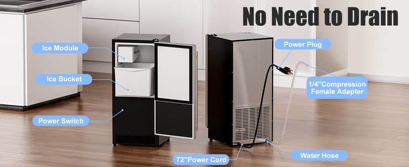 COTLIN 15" W Drainless Under Counter Ice Maker with 22LBS Storage Bin, Crescent Ice, Free Standing Built-in Ice Maker for Residential Commercial Use, No Drain Required, ETL Approved, 2026 Upgraded
