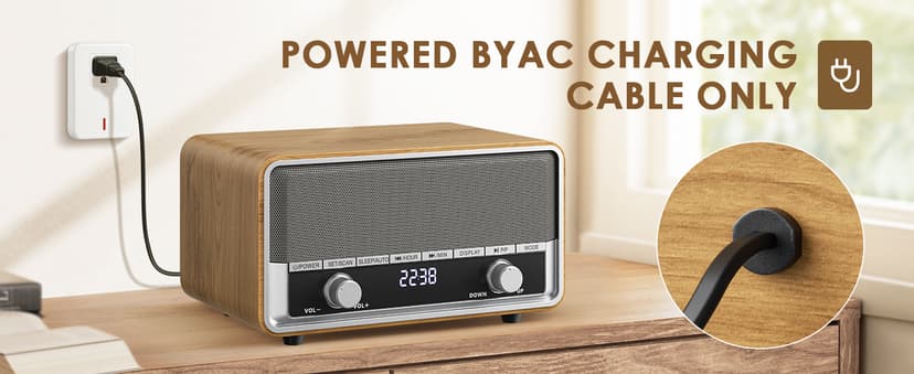 Vintage Wood AM FM Bluetooth Radio with Clock, Digital Clock Radio for Bedroom with LCD Display | 40 Presets | Sleep Timer | No Alarm, Retro Bluetooth Speaker for Office, Kitchen (Wood)