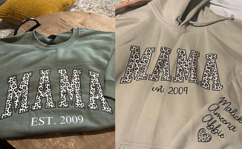 GODMERCH Custom Leopard Mama Sweatshirt With Kid Name On Sleeve, Personalized Mom Sweatshirts, Mama Est 2025 Sweatshirt, Personalized Gifts for Mom Grandma, Christmas Shirts