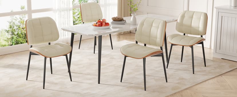 Dining Chairs Set of 2, Mid Century Modern Dining Room Chair with Thick Cushion, Upholstered Faux Leather Kitchen Chairs with Walnut Bentwood Back for Kitchen Dining Room, Beige
