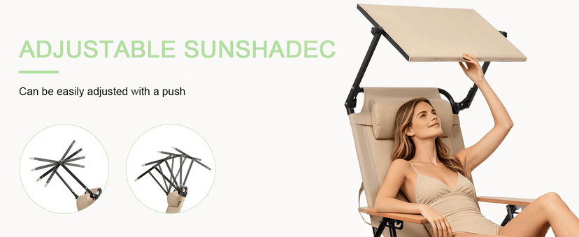 Folding Lounge Chair with Canopy, Tanning Chair with 4-Position Reclining Back, Folding Sun Lounger, Outdoor Lounge Chair for Beach, Poolside, Backyard, Camping, UPF 50+ Sun Shade, 300 LBS