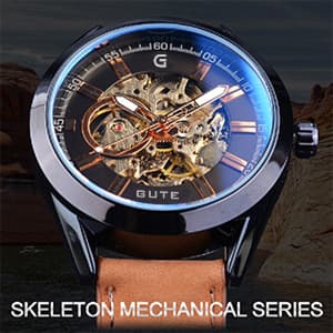 GLEIM Gute Mens Watches, Mechanical Skeleton Automatic Self-Winding Steampunk Watch for Men, Casual Clock Brown Leather Wrist Watch