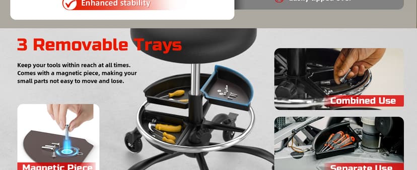 Rolling Shop Stool with Wheels, Garage Mechanic Stool Chair with Backrest, Height Adjustable Heavy Duty Swivel Task Chair, Adjustable Footrest with Storage Tray for Garage Kitchen Salon Tattoo (Black)